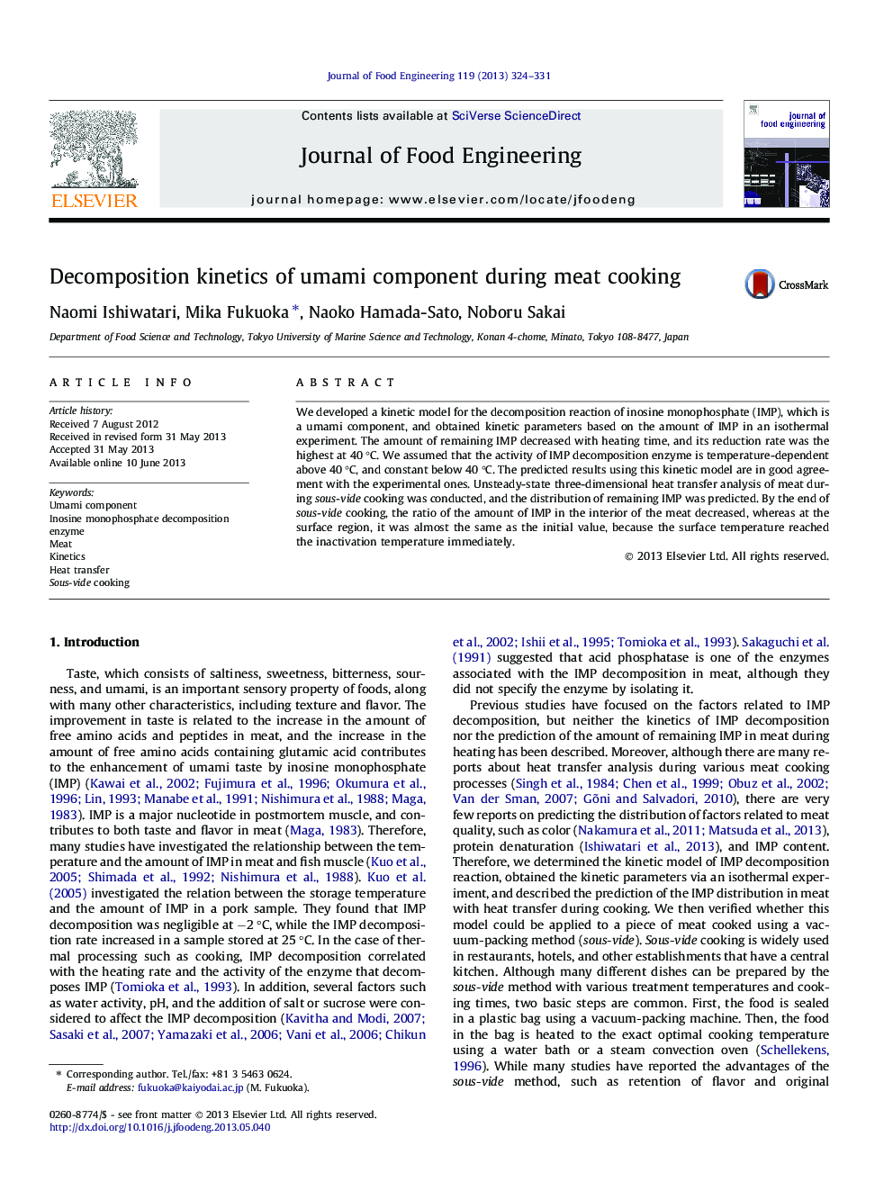 Decomposition kinetics of umami component during meat cooking