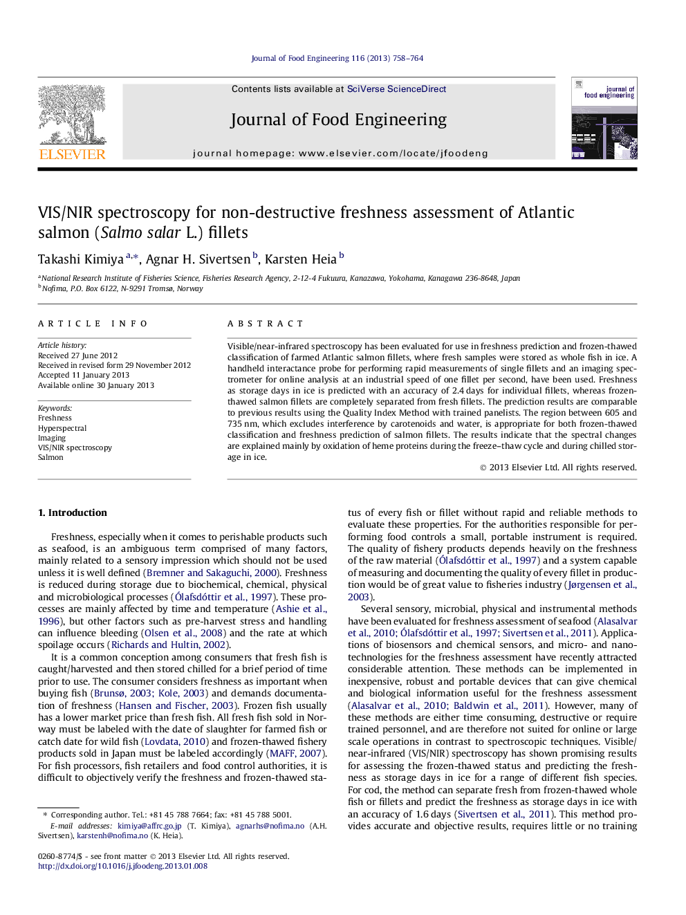 VIS/NIR spectroscopy for non-destructive freshness assessment of Atlantic salmon (Salmo salar L.) fillets