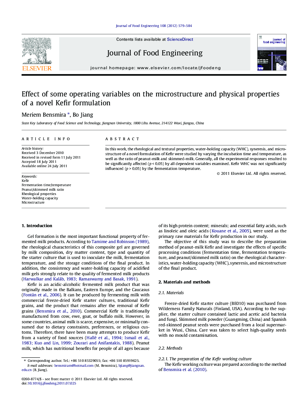 Effect of some operating variables on the microstructure and physical properties of a novel Kefir formulation