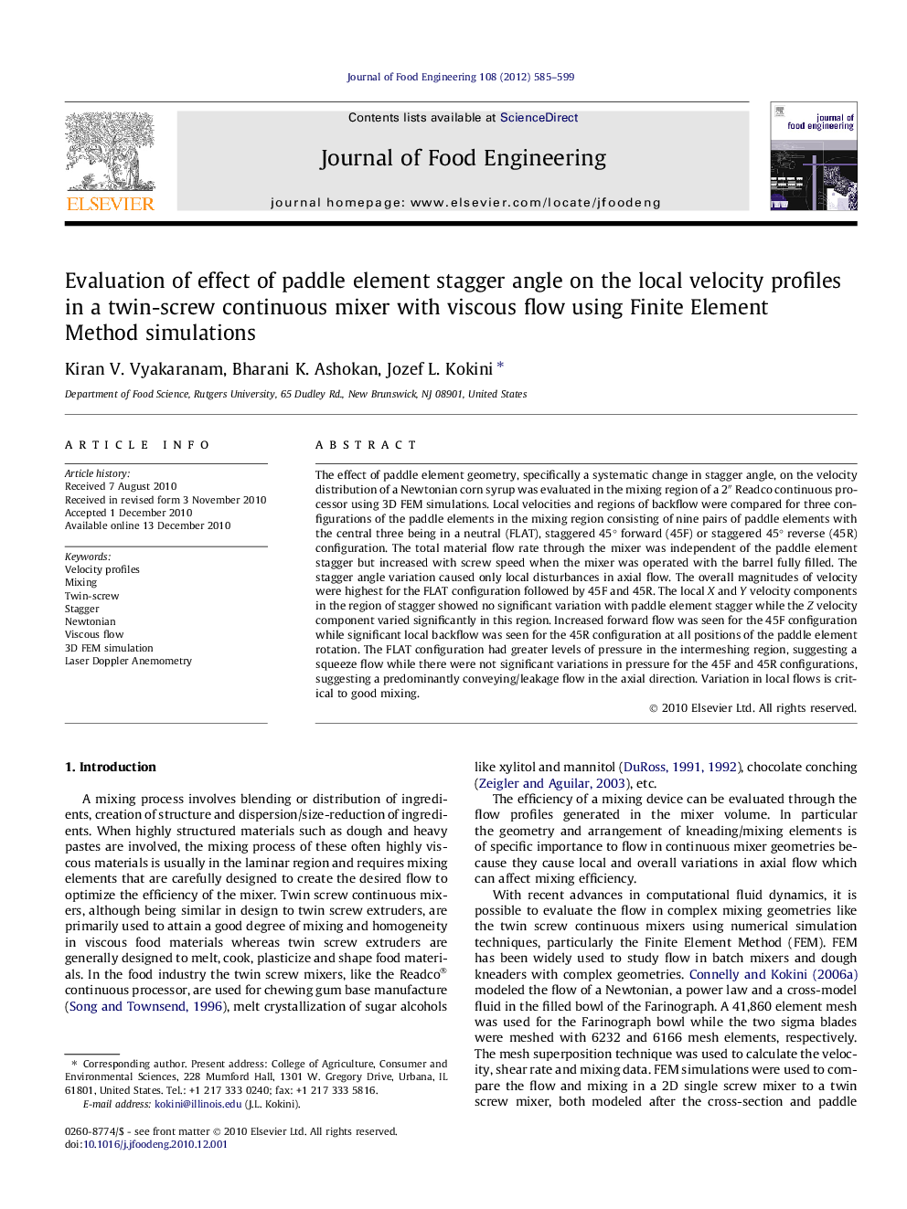 Evaluation of effect of paddle element stagger angle on the local velocity profiles in a twin-screw continuous mixer with viscous flow using Finite Element Method simulations