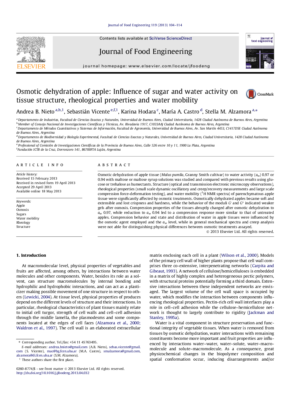 Osmotic dehydration of apple: Influence of sugar and water activity on tissue structure, rheological properties and water mobility