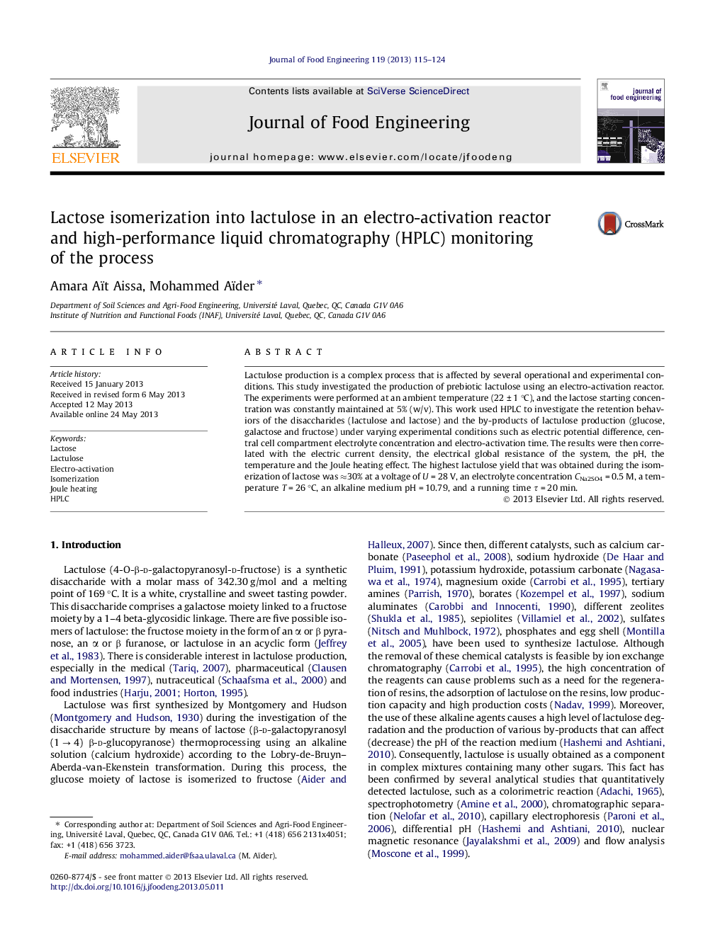 Lactose isomerization into lactulose in an electro-activation reactor and high-performance liquid chromatography (HPLC) monitoring of the process