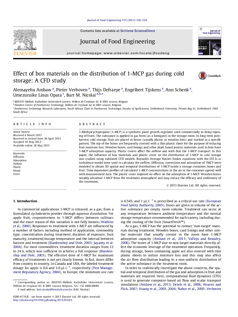 Effect of box materials on the distribution of 1-MCP gas during cold storage: A CFD study