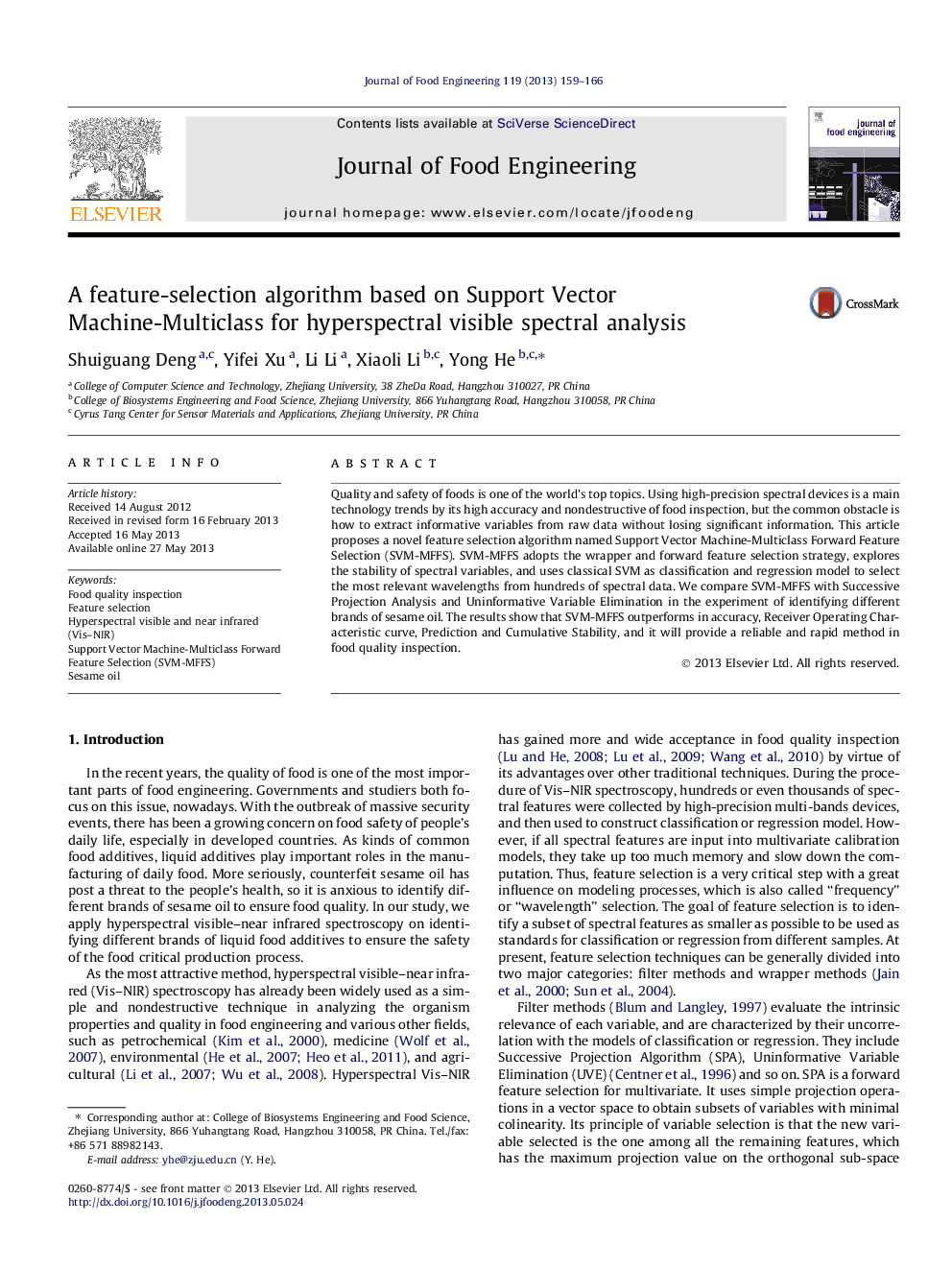 A feature-selection algorithm based on Support Vector Machine-Multiclass for hyperspectral visible spectral analysis