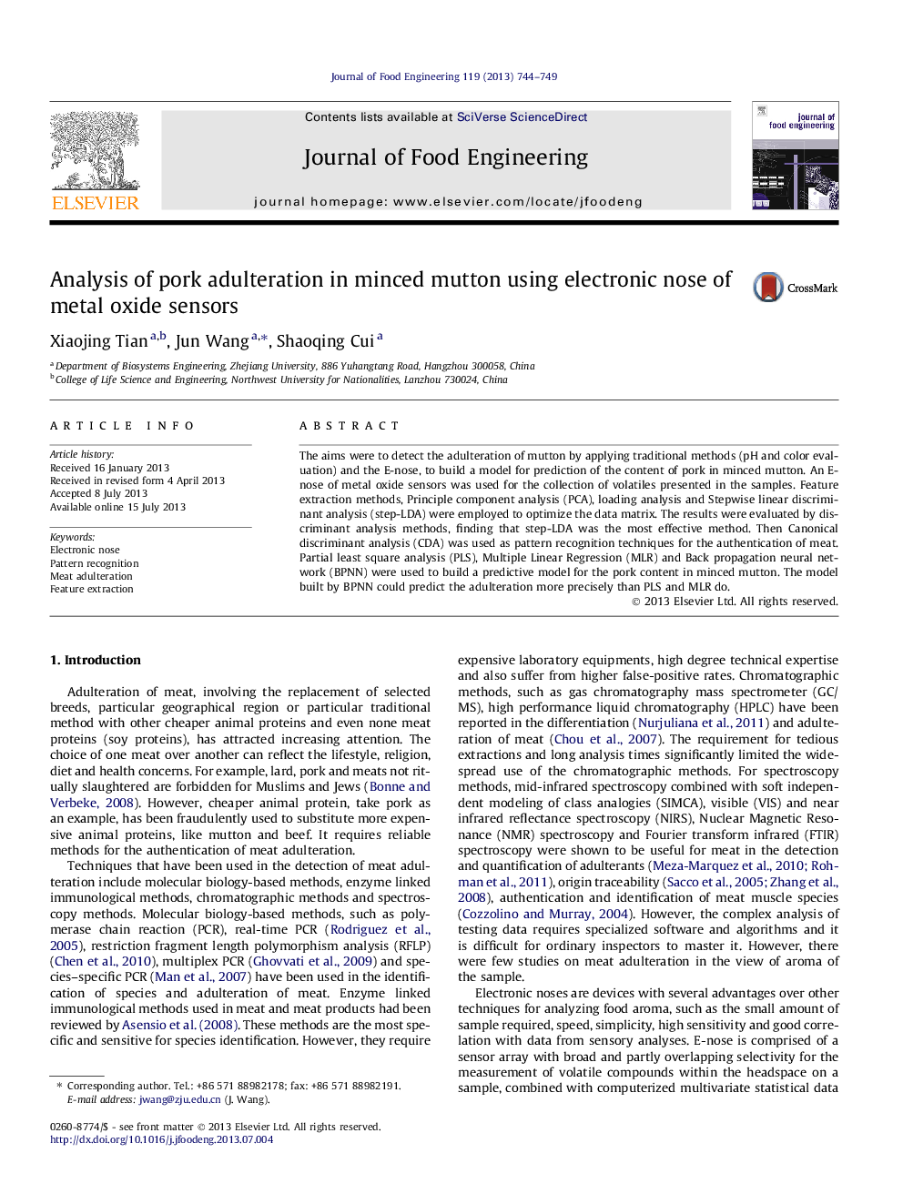 Analysis of pork adulteration in minced mutton using electronic nose of metal oxide sensors