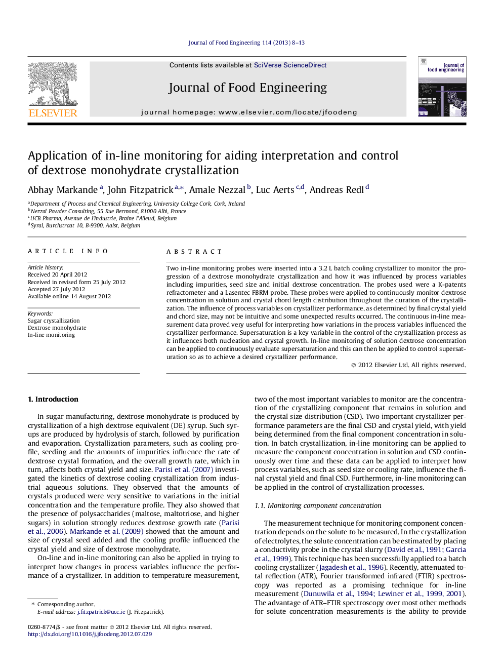 Application of in-line monitoring for aiding interpretation and control of dextrose monohydrate crystallization