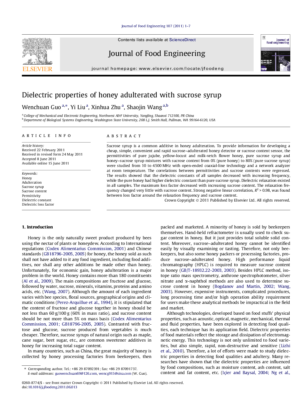 Dielectric properties of honey adulterated with sucrose syrup