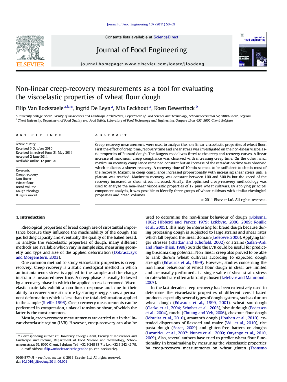 Non-linear creep-recovery measurements as a tool for evaluating the viscoelastic properties of wheat flour dough