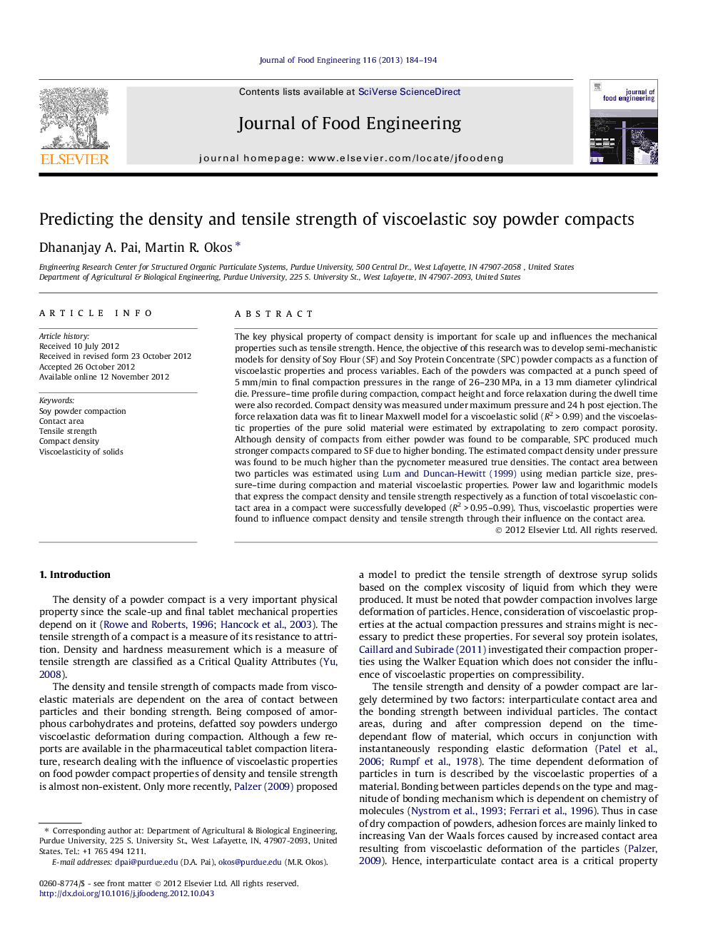 Predicting the density and tensile strength of viscoelastic soy powder compacts