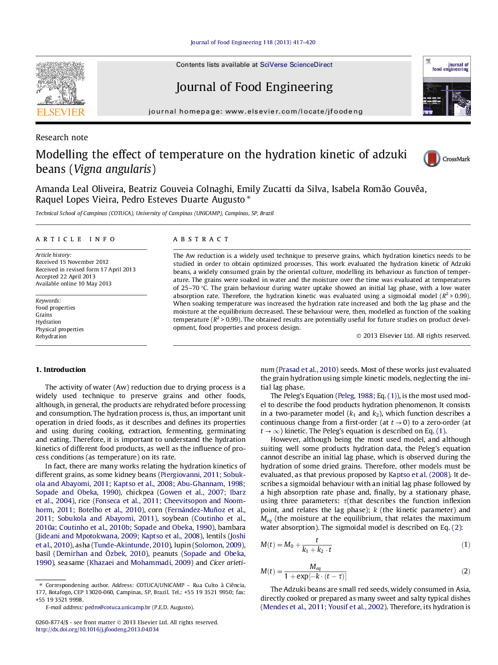 Modelling the effect of temperature on the hydration kinetic of adzuki beans (Vigna angularis)