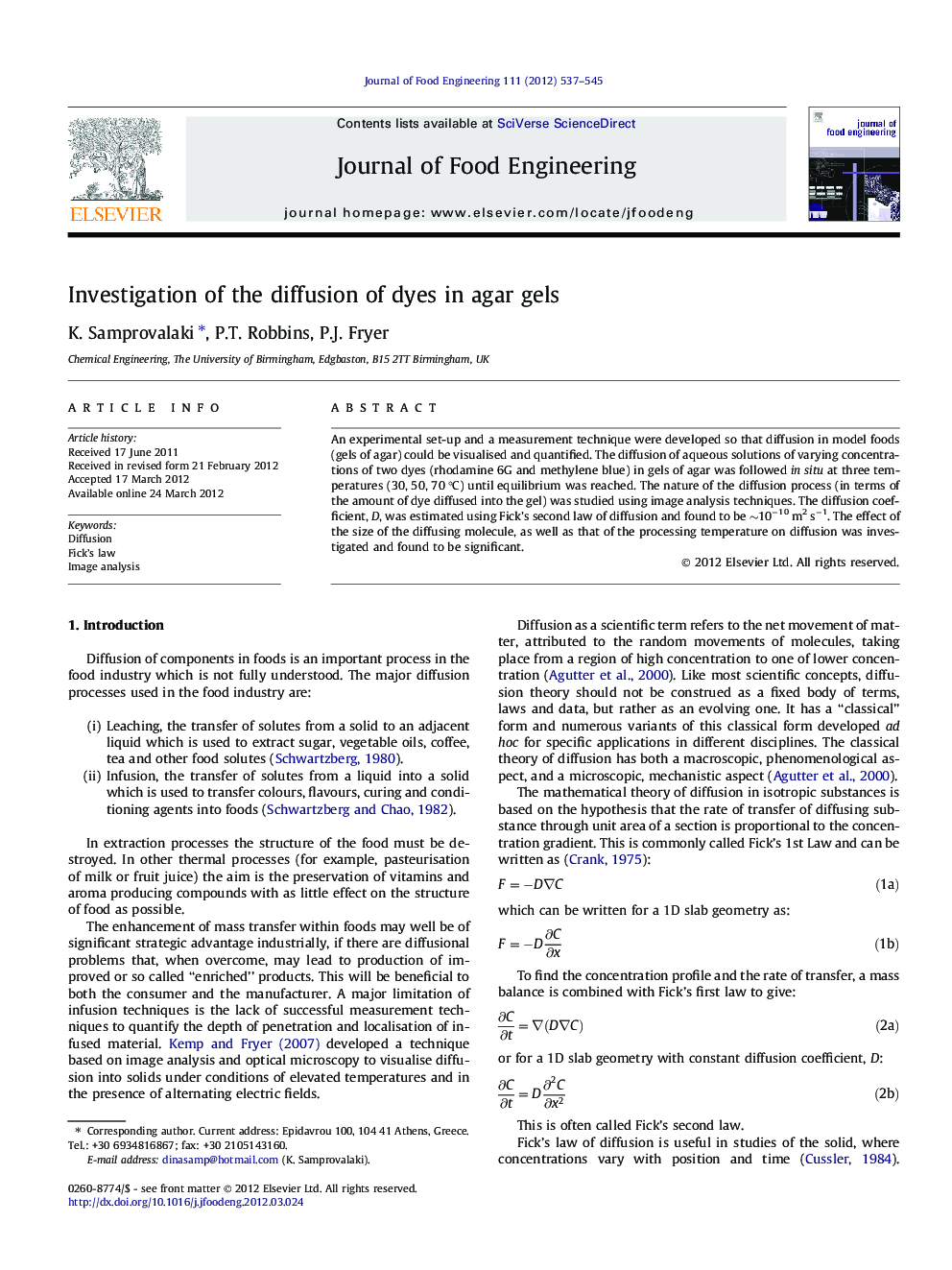 Investigation of the diffusion of dyes in agar gels