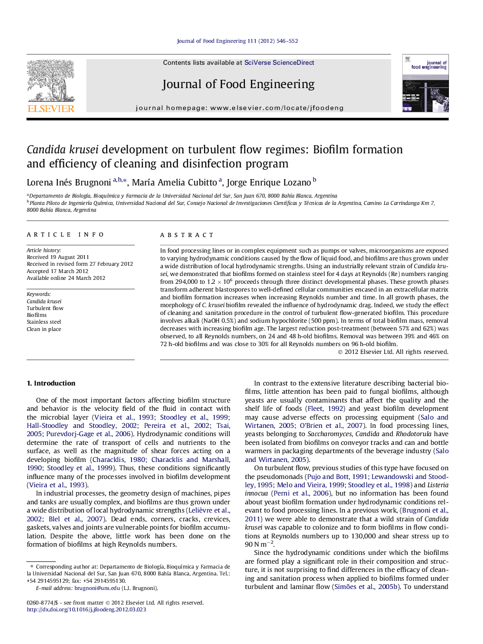 Candida krusei development on turbulent flow regimes: Biofilm formation and efficiency of cleaning and disinfection program