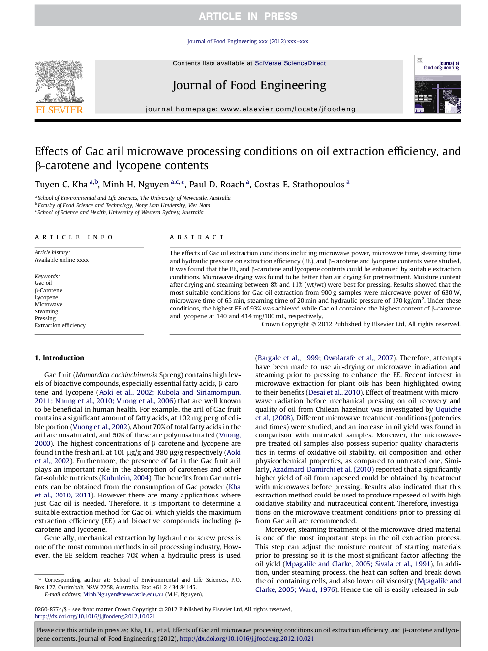 Effects of Gac aril microwave processing conditions on oil extraction efficiency, and Î²-carotene and lycopene contents