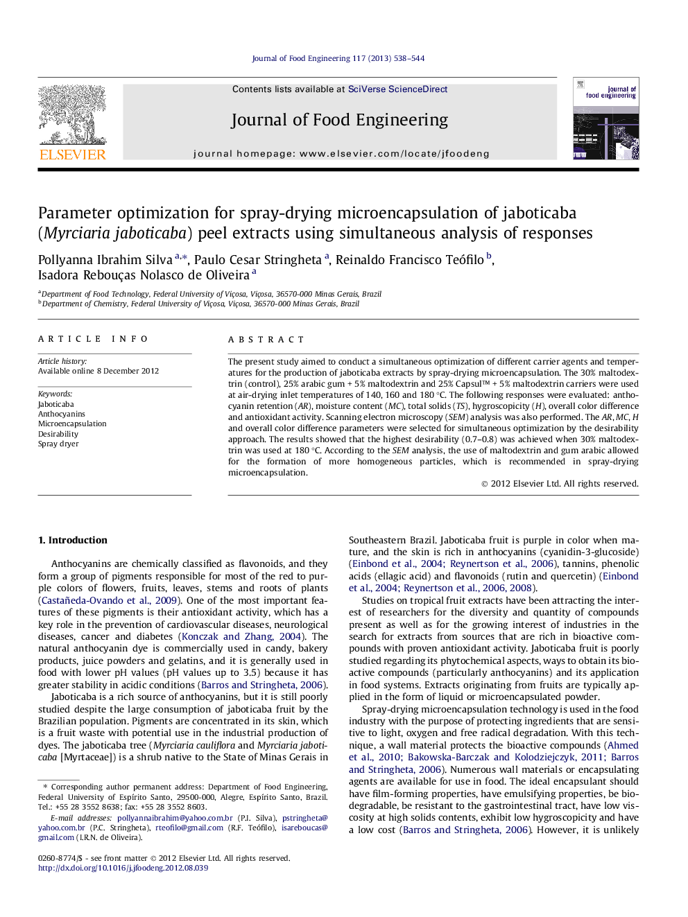 Parameter optimization for spray-drying microencapsulation of jaboticaba (Myrciaria jaboticaba) peel extracts using simultaneous analysis of responses