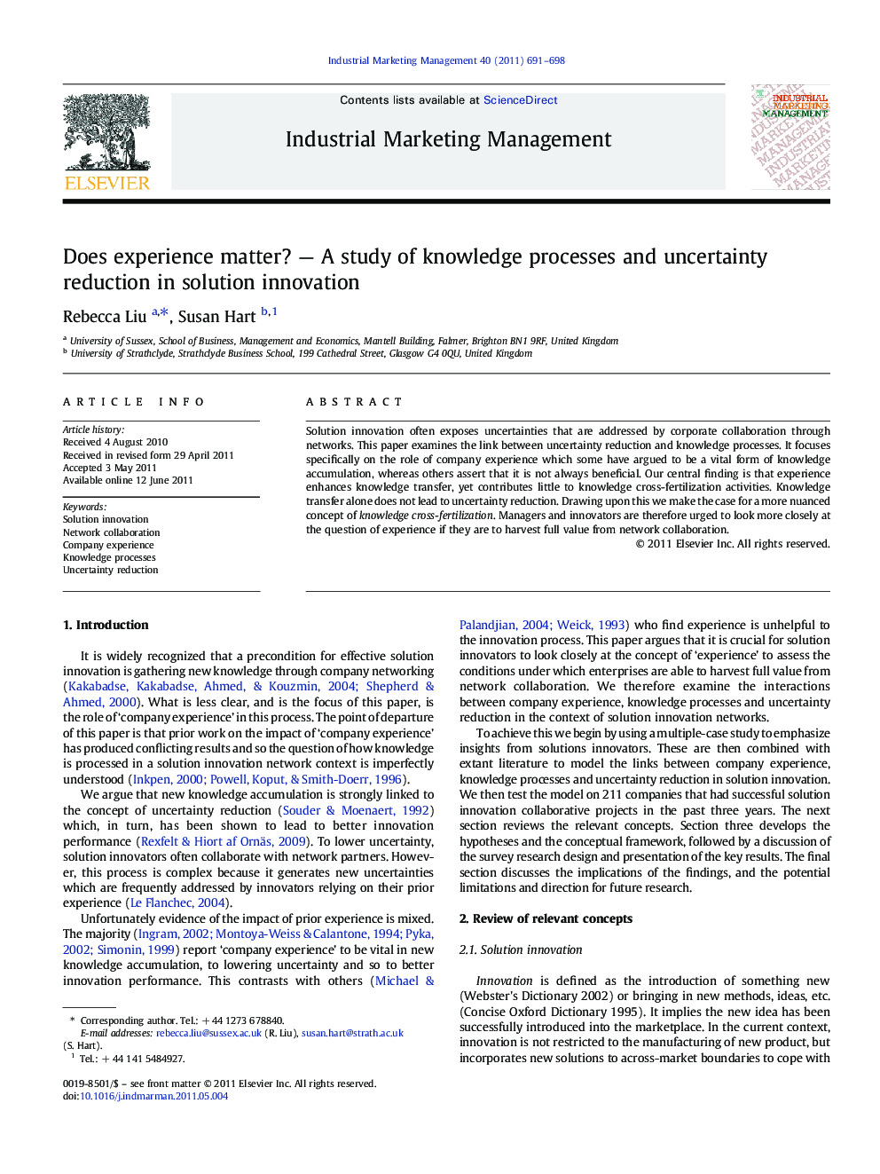 Does experience matter? — A study of knowledge processes and uncertainty reduction in solution innovation