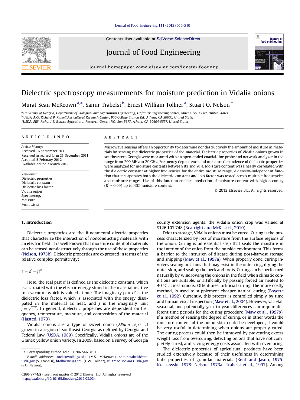 Dielectric spectroscopy measurements for moisture prediction in Vidalia onions