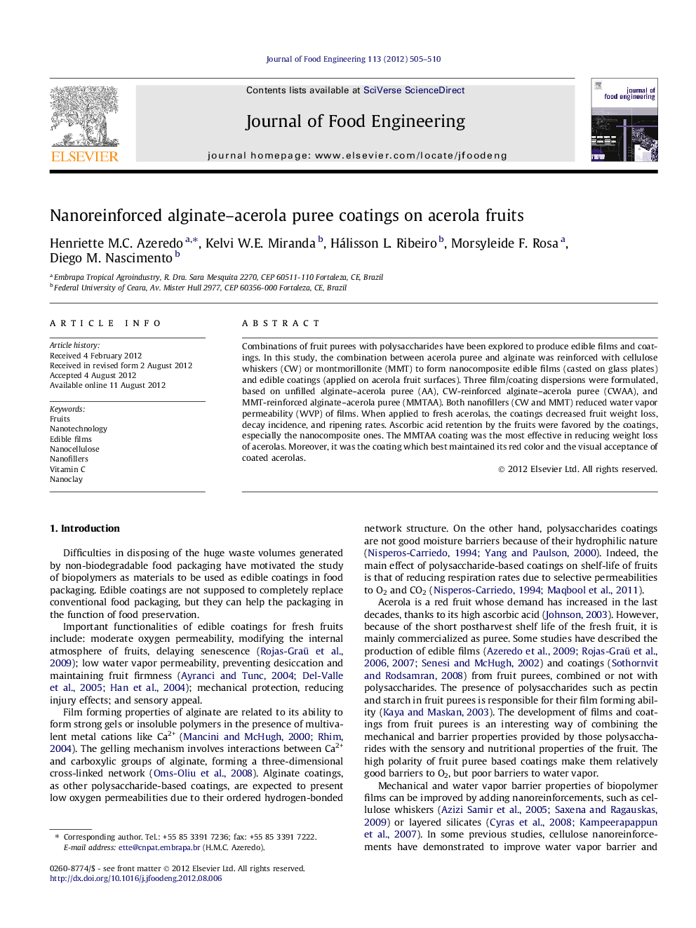 Nanoreinforced alginate-acerola puree coatings on acerola fruits