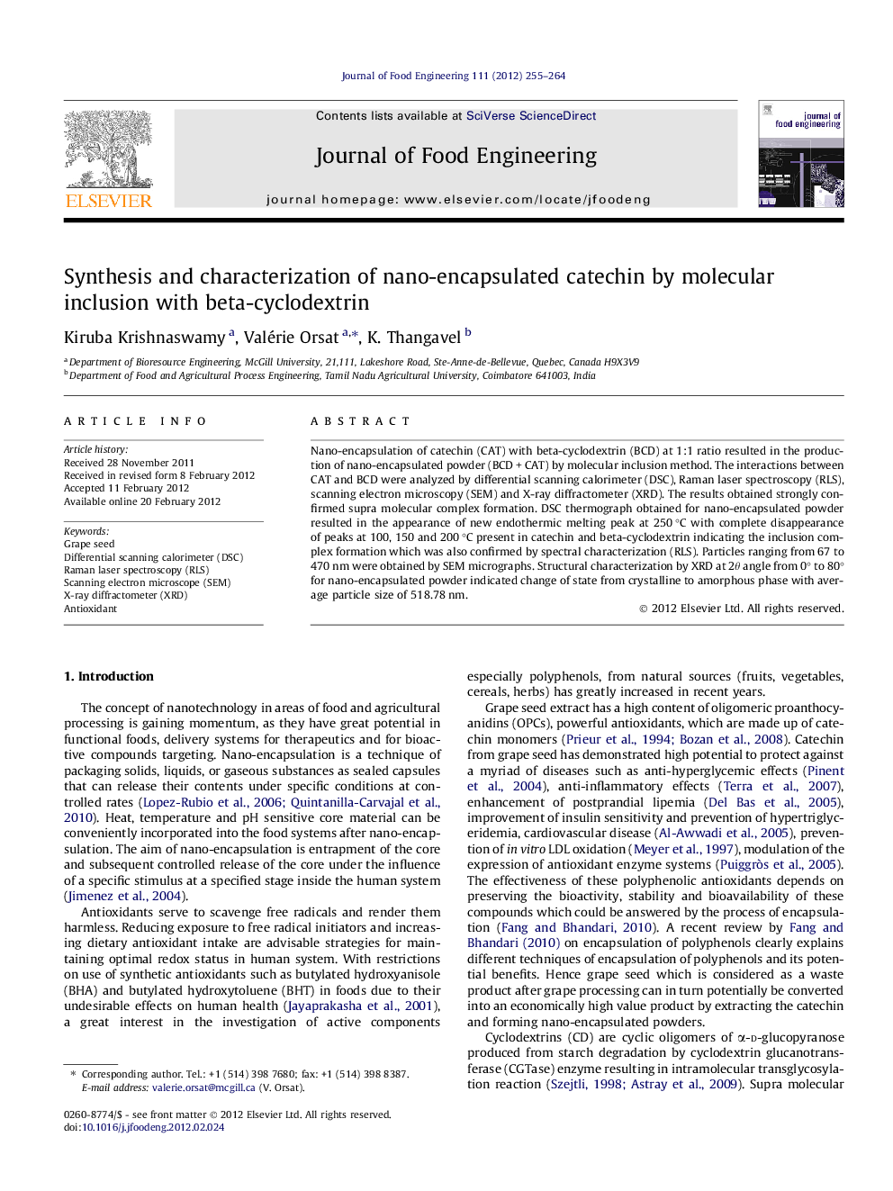 Synthesis and characterization of nano-encapsulated catechin by molecular inclusion with beta-cyclodextrin