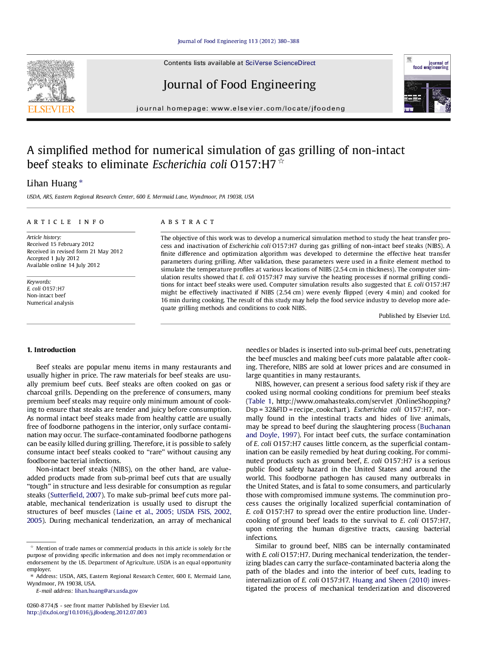 A simplified method for numerical simulation of gas grilling of non-intact beef steaks to eliminate Escherichia coli O157:H7