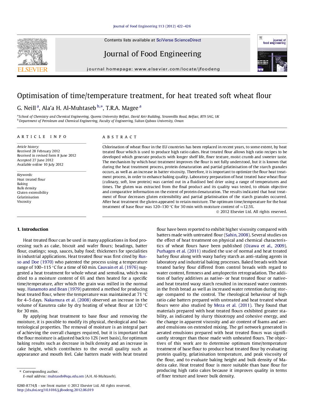 Optimisation of time/temperature treatment, for heat treated soft wheat flour