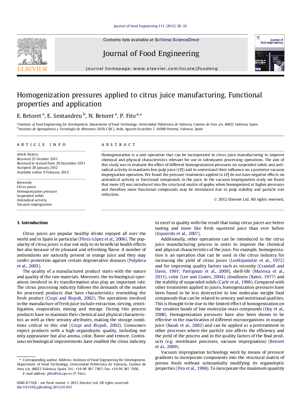 Homogenization pressures applied to citrus juice manufacturing. Functional properties and application