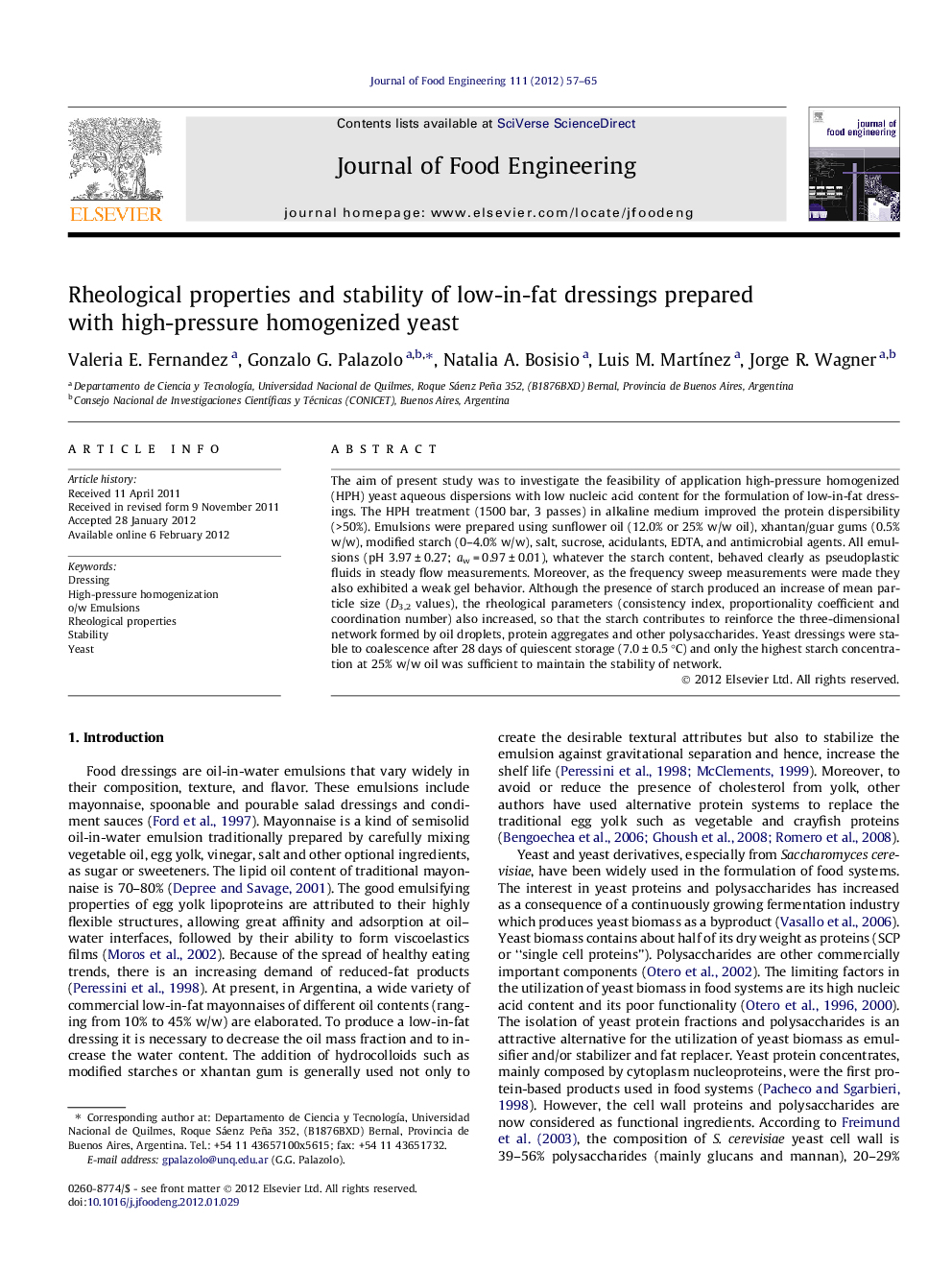عکس صفحه اول مقاله: Rheological properties and stability of low-in-fat dressings prepared with high-pressure homogenized yeast Rheological properties and stability of low-in-fat dressings prepared with high-pressure homogenized yeast