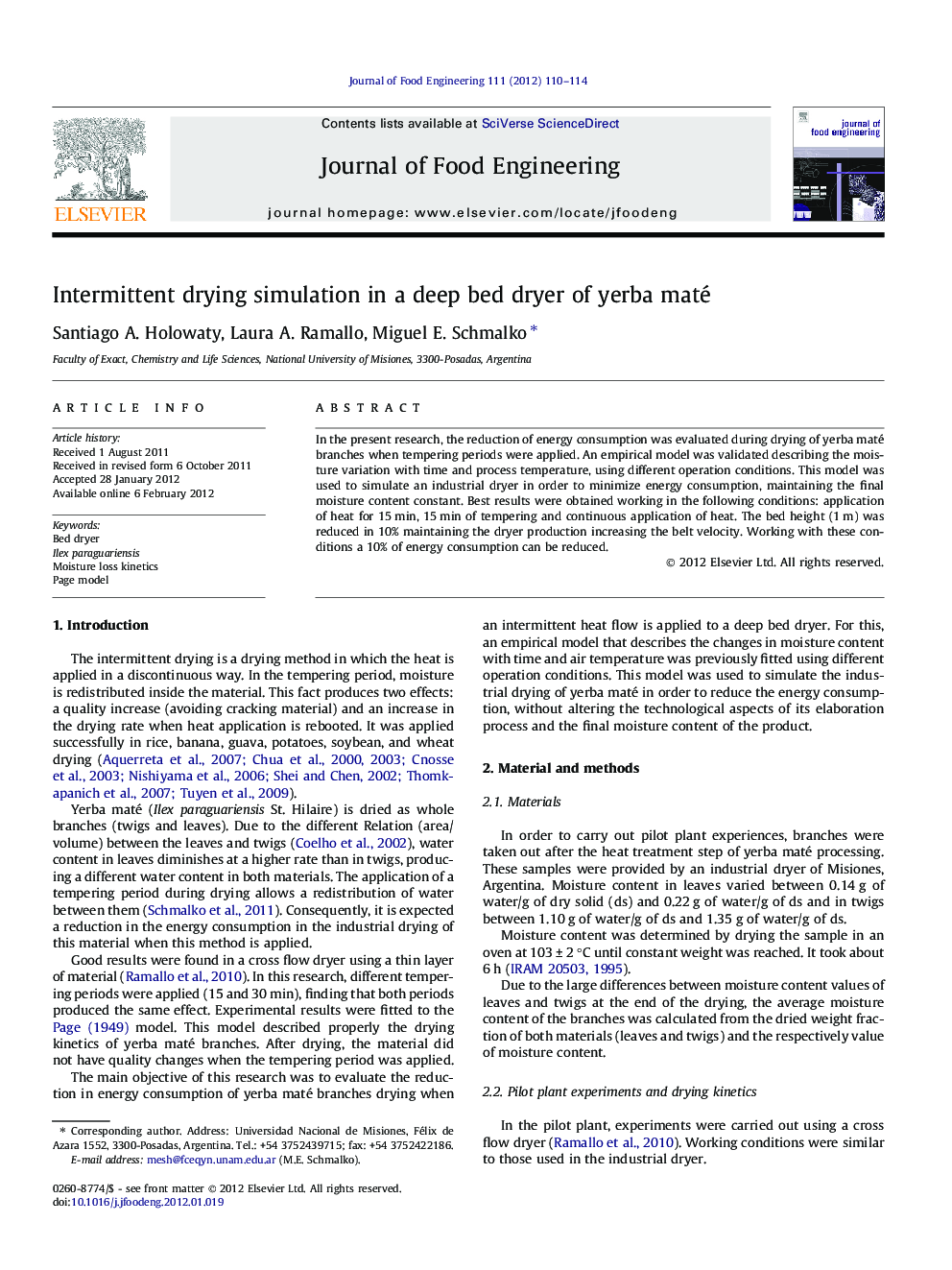 Intermittent drying simulation in a deep bed dryer of yerba maté