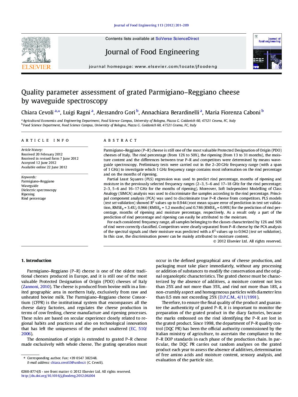 عکس صفحه اول مقاله: Quality parameter assessment of grated Parmigiano-Reggiano cheese by waveguide spectroscopy Quality parameter assessment of grated Parmigiano-Reggiano cheese by waveguide spectroscopy