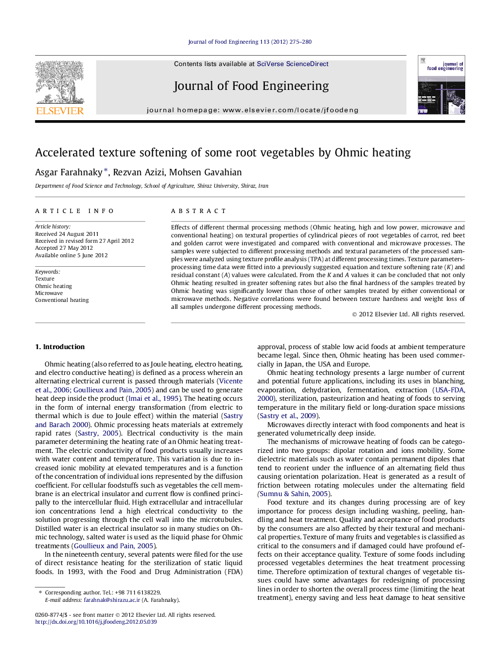 Accelerated texture softening of some root vegetables by Ohmic heating