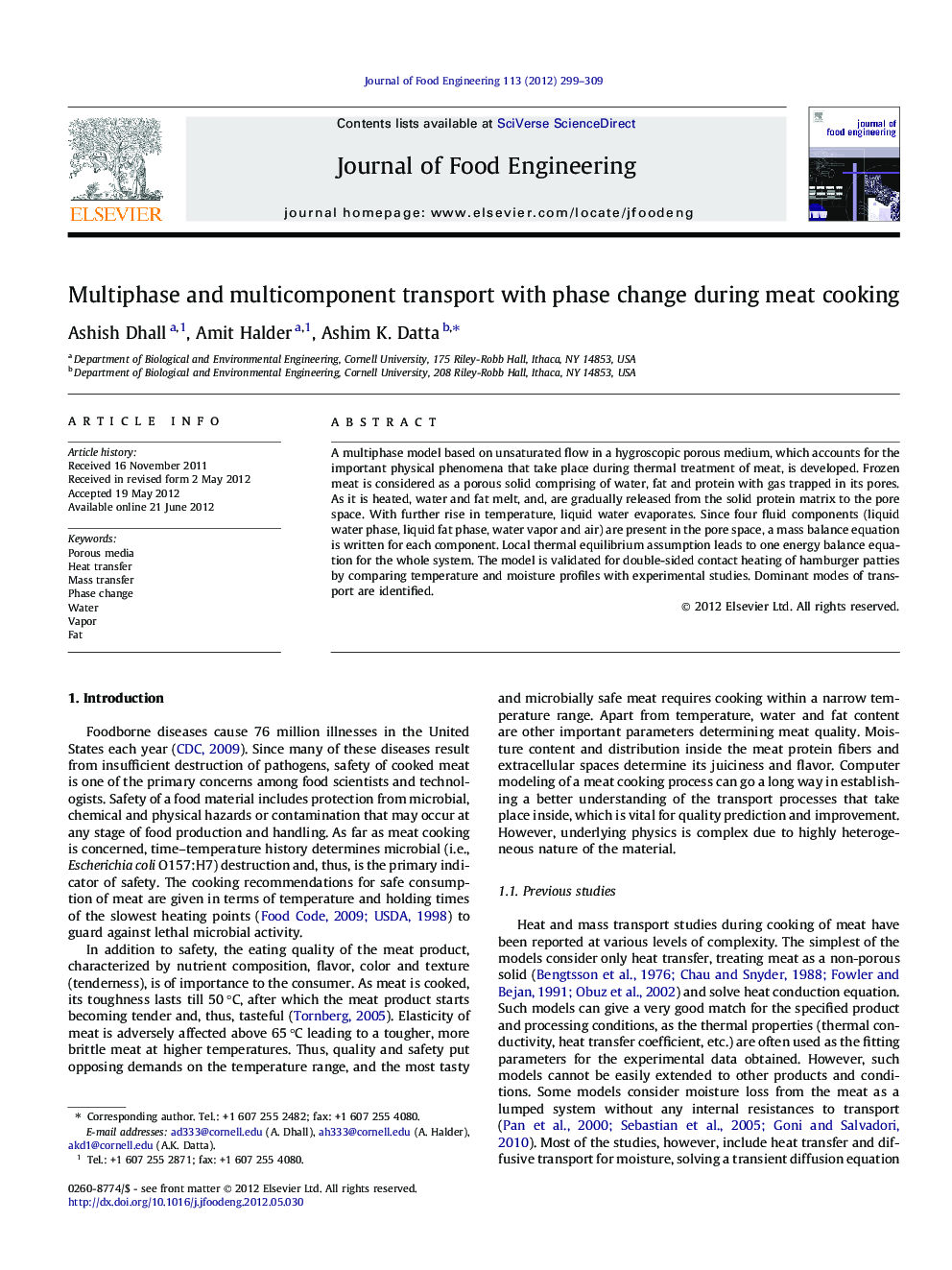 Multiphase and multicomponent transport with phase change during meat cooking