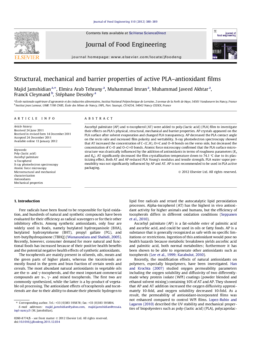 عکس صفحه اول مقاله: Structural, mechanical and barrier properties of active PLA-antioxidant films Structural, mechanical and barrier properties of active PLA-antioxidant films