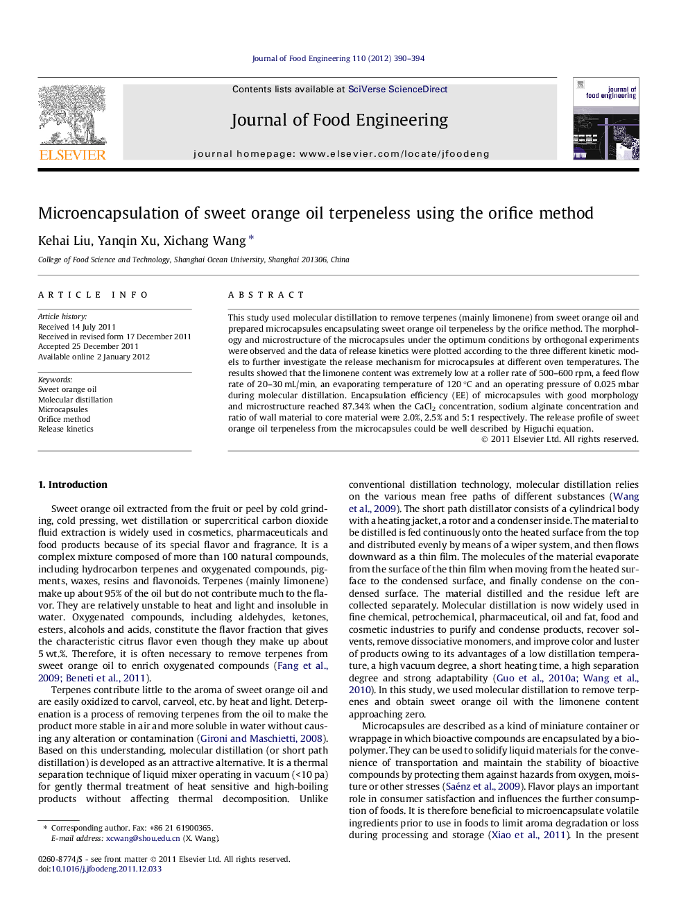 Microencapsulation of sweet orange oil terpeneless using the orifice method