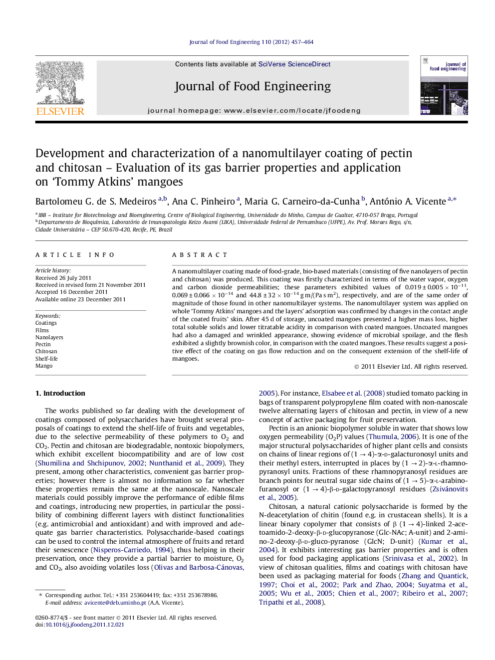 Development and characterization of a nanomultilayer coating of pectin and chitosan - Evaluation of its gas barrier properties and application on 'Tommy Atkins' mangoes