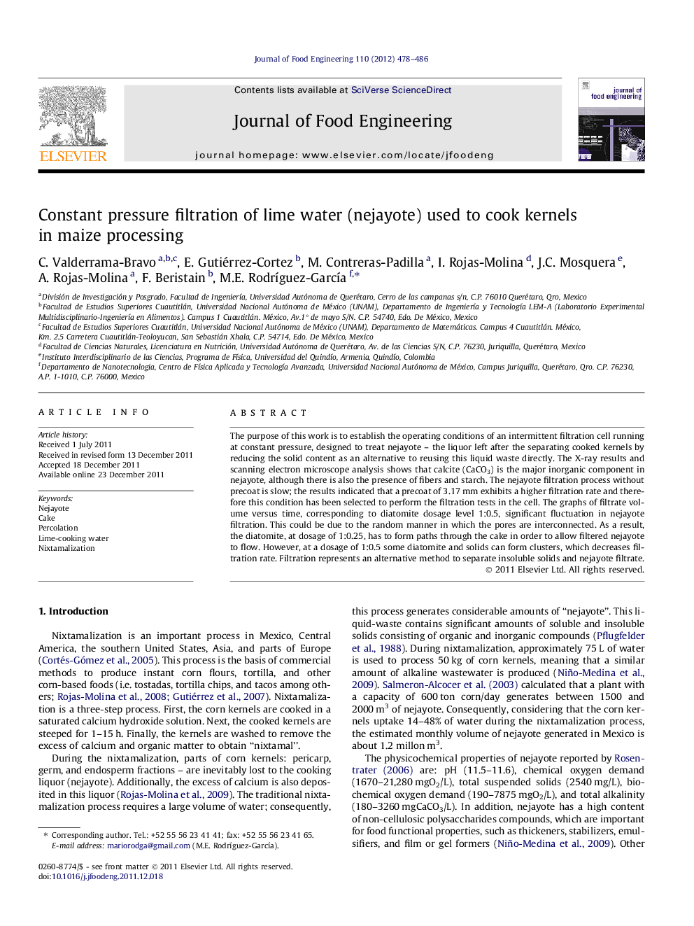 Constant pressure filtration of lime water (nejayote) used to cook kernels in maize processing