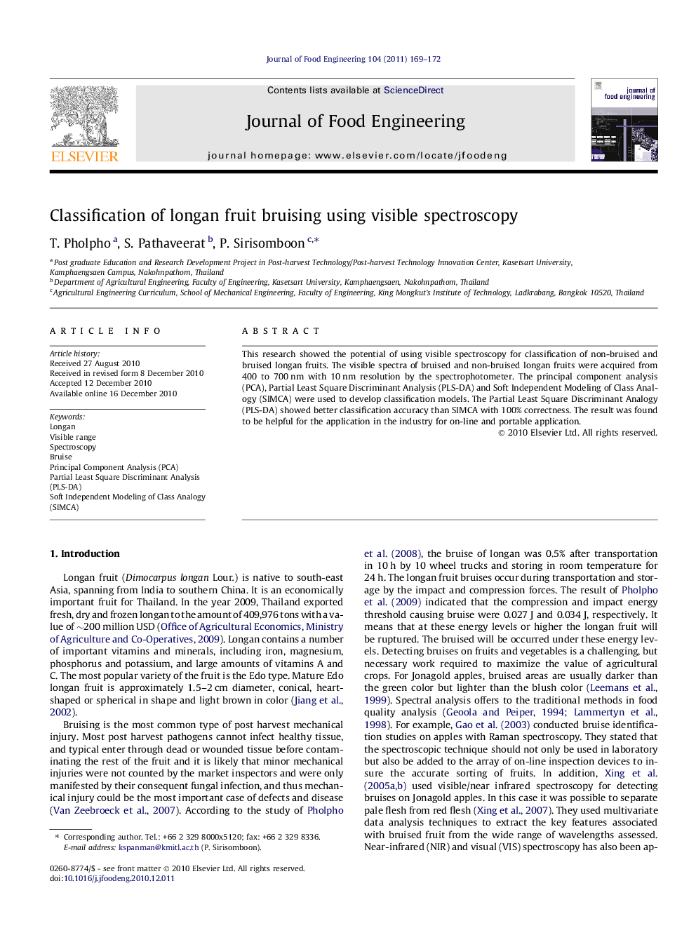 Classification of longan fruit bruising using visible spectroscopy
