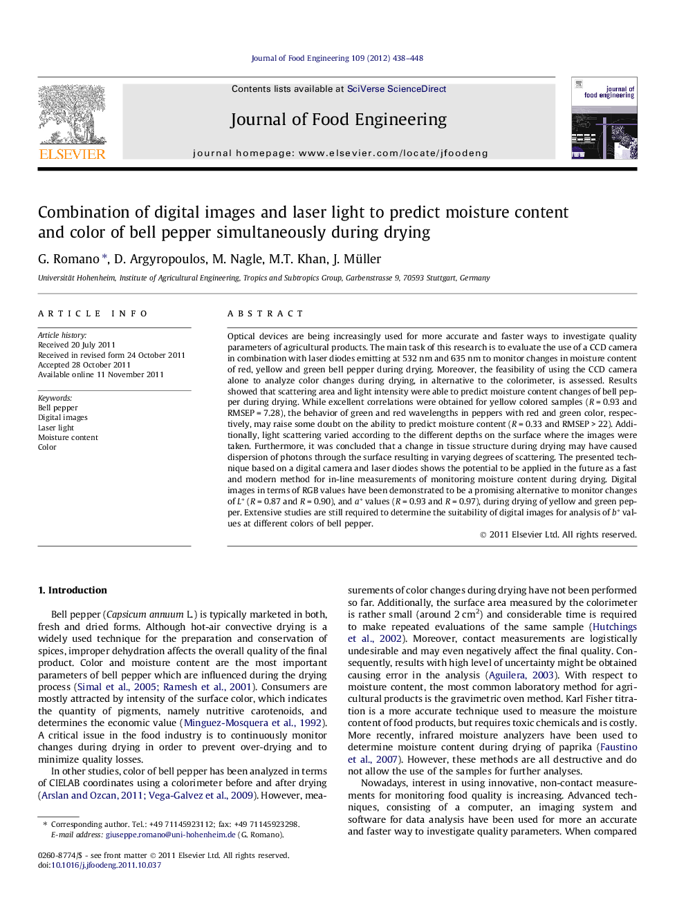 عکس صفحه اول مقاله: Combination of digital images and laser light to predict moisture content and color of bell pepper simultaneously during drying Combination of digital images and laser light to predict moisture content and color of bell pepper simultaneously during drying