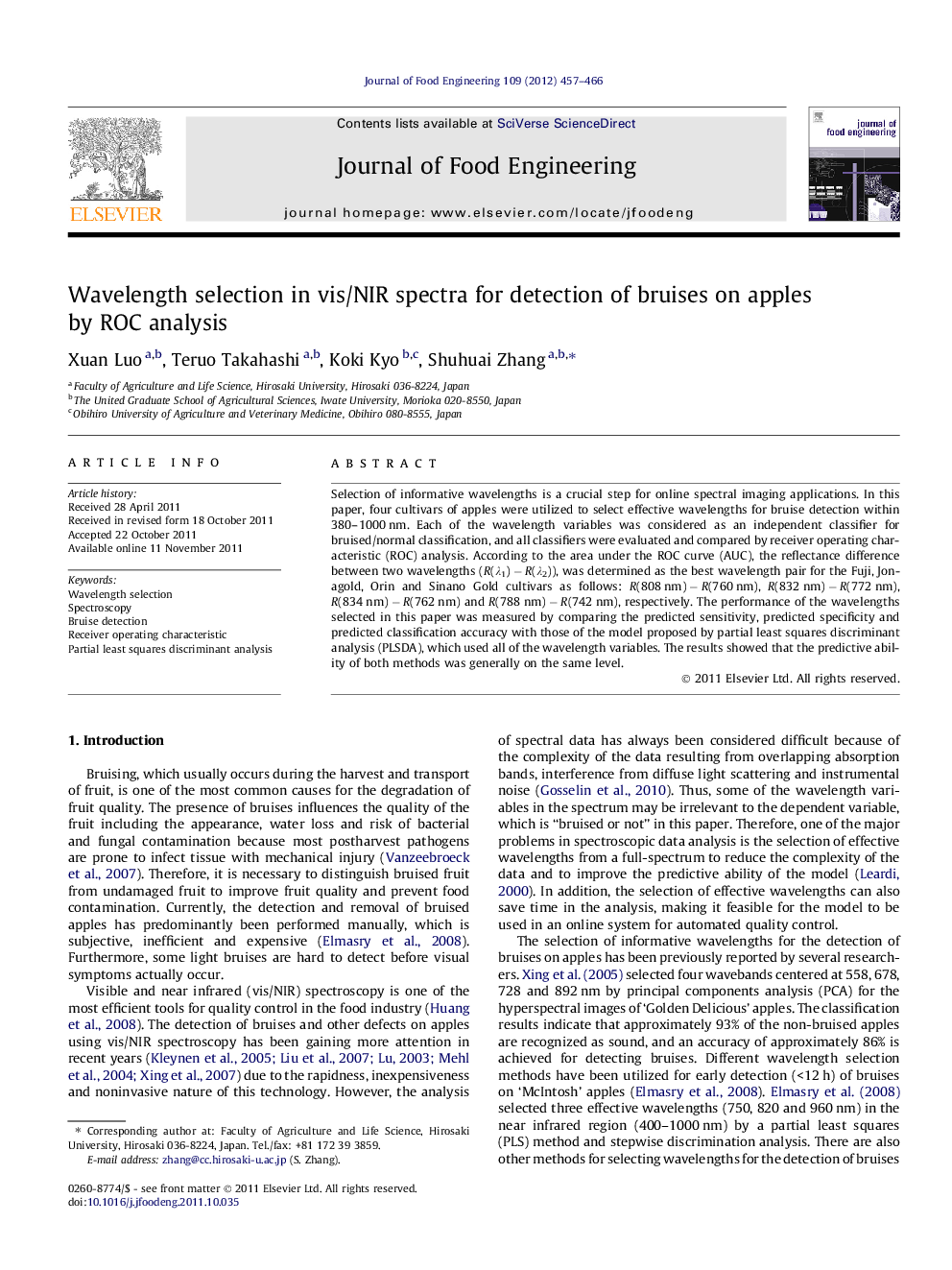 Wavelength selection in vis/NIR spectra for detection of bruises on apples by ROC analysis