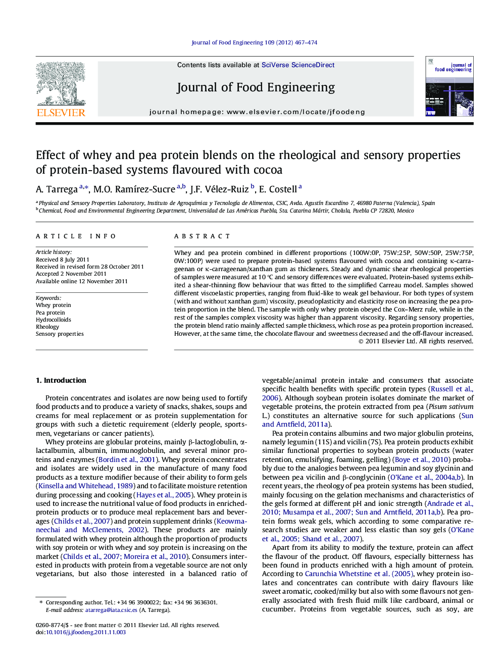 Effect of whey and pea protein blends on the rheological and sensory properties of protein-based systems flavoured with cocoa