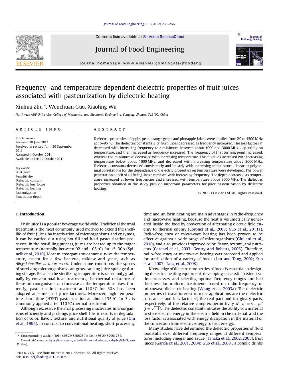 Frequency- and temperature-dependent dielectric properties of fruit juices associated with pasteurization by dielectric heating