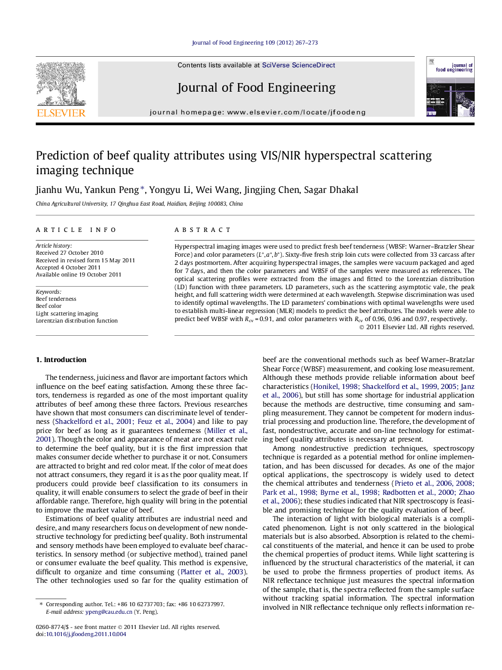 Prediction of beef quality attributes using VIS/NIR hyperspectral scattering imaging technique