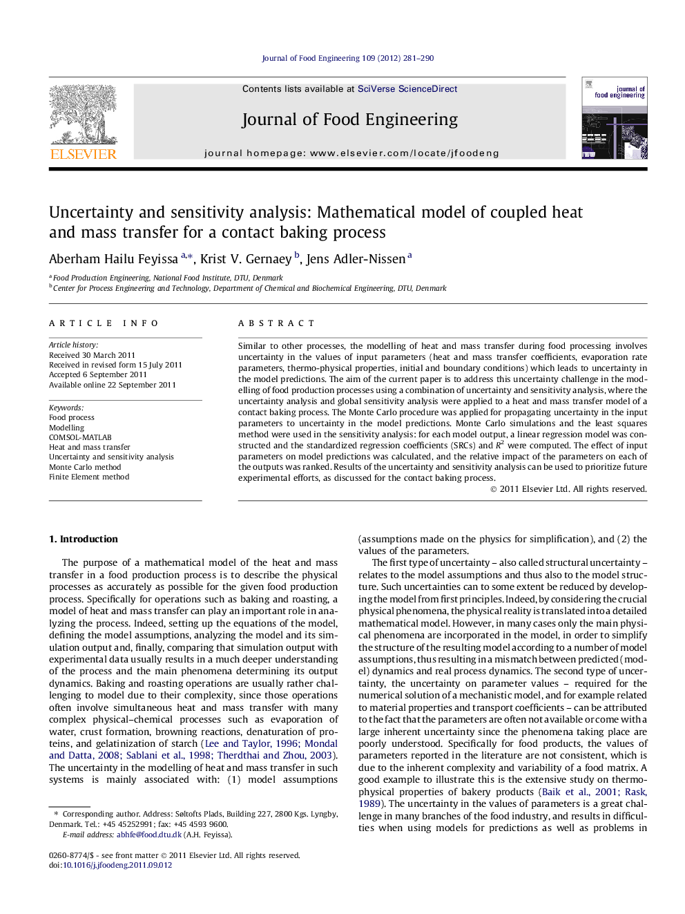 Uncertainty and sensitivity analysis: Mathematical model of coupled heat and mass transfer for a contact baking process