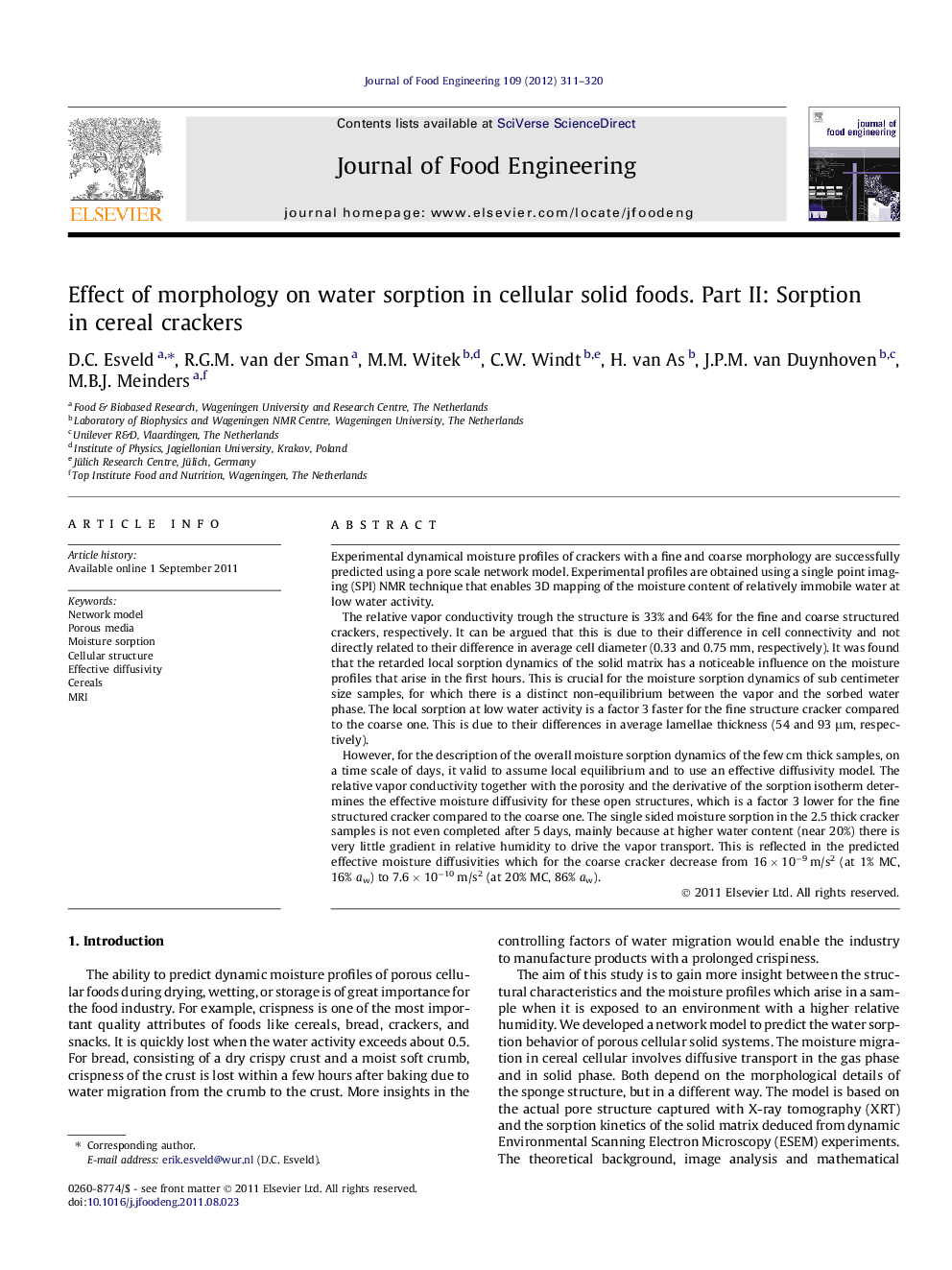 Effect of morphology on water sorption in cellular solid foods. Part II: Sorption in cereal crackers