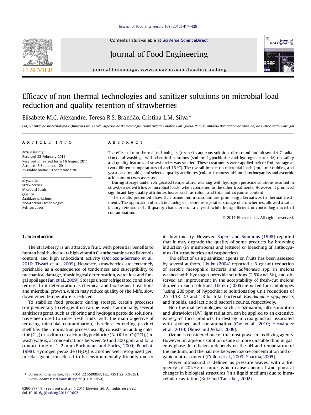 Efficacy of non-thermal technologies and sanitizer solutions on microbial load reduction and quality retention of strawberries