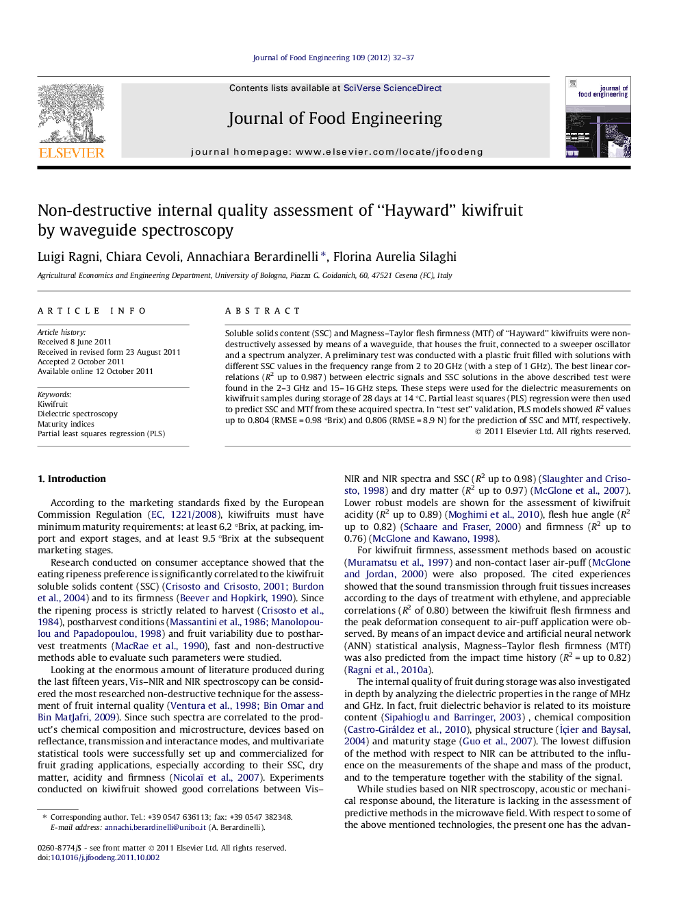 عکس صفحه اول مقاله: Non-destructive internal quality assessment of “Hayward” kiwifruit by waveguide spectroscopy Non-destructive internal quality assessment of “Hayward” kiwifruit by waveguide spectroscopy
