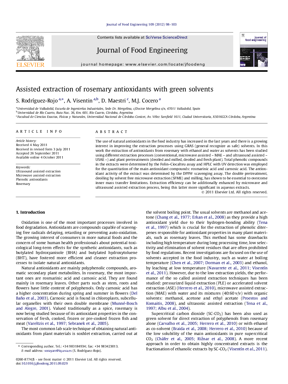 Assisted extraction of rosemary antioxidants with green solvents