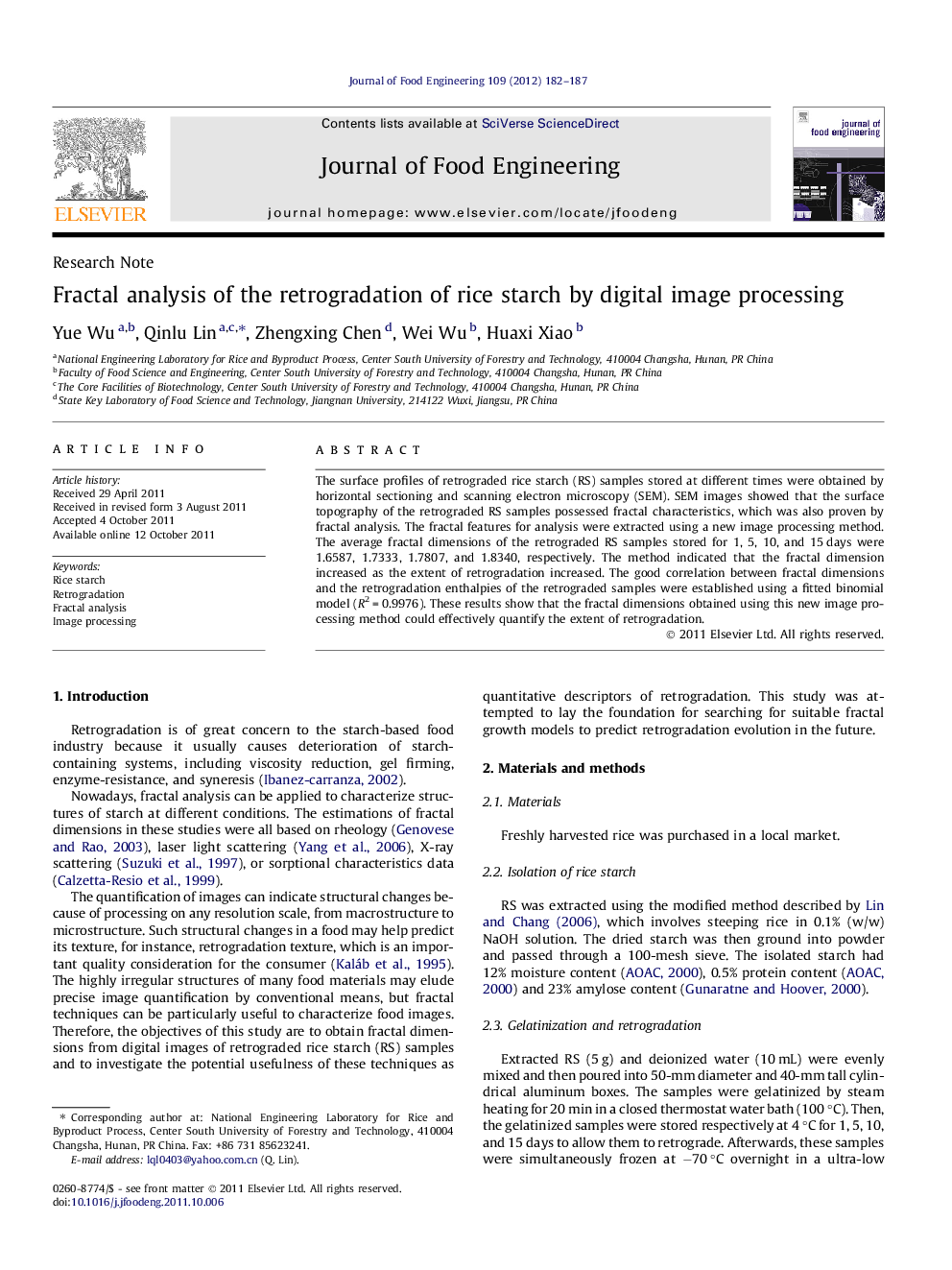 Fractal analysis of the retrogradation of rice starch by digital image processing