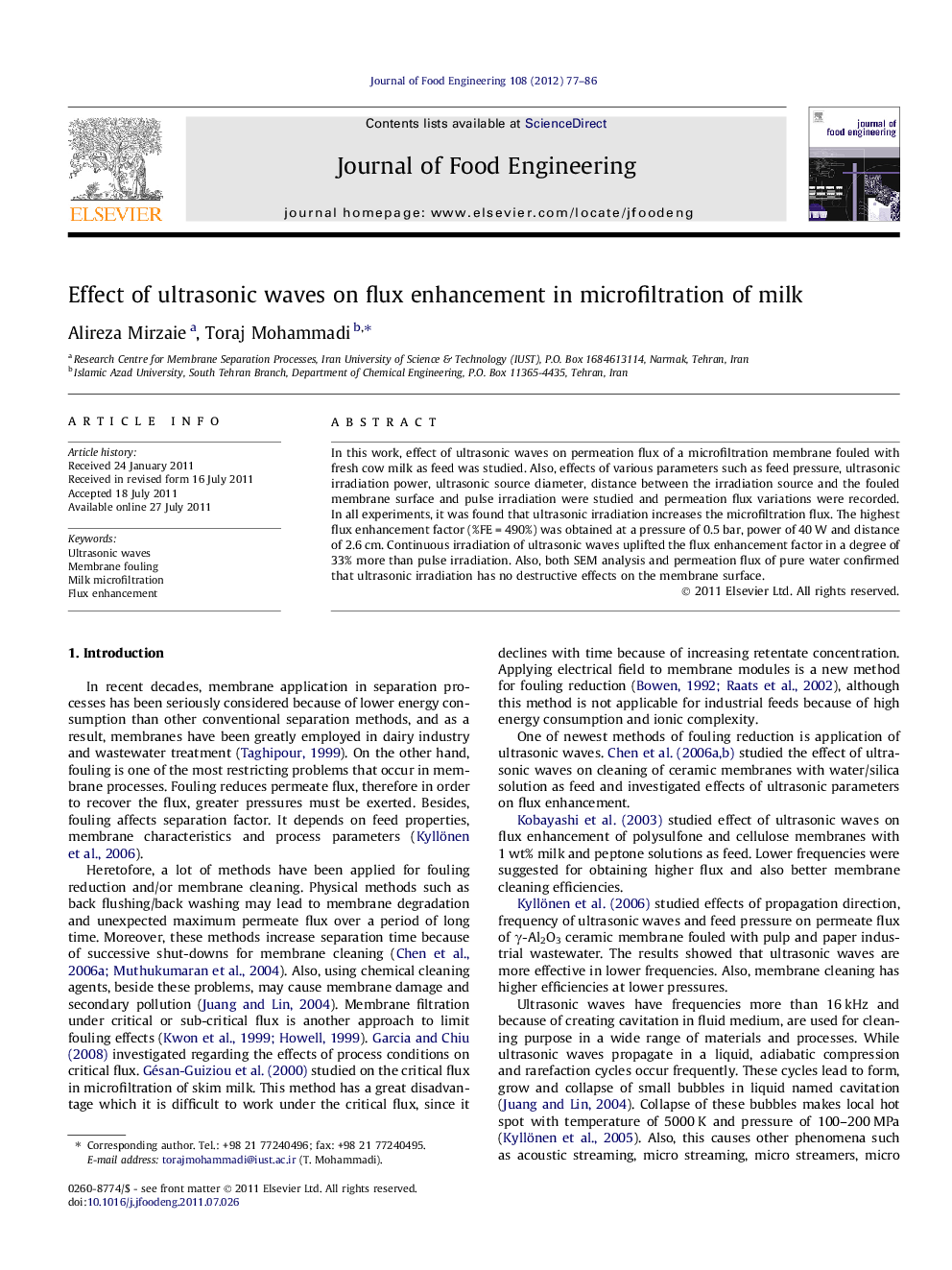 Effect of ultrasonic waves on flux enhancement in microfiltration of milk