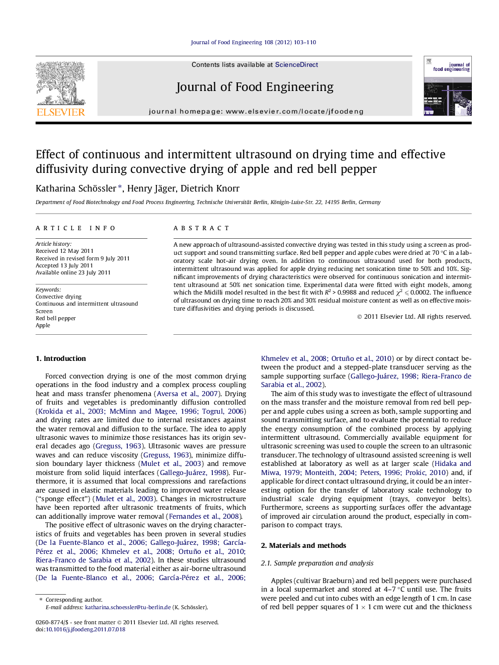 Effect of continuous and intermittent ultrasound on drying time and effective diffusivity during convective drying of apple and red bell pepper