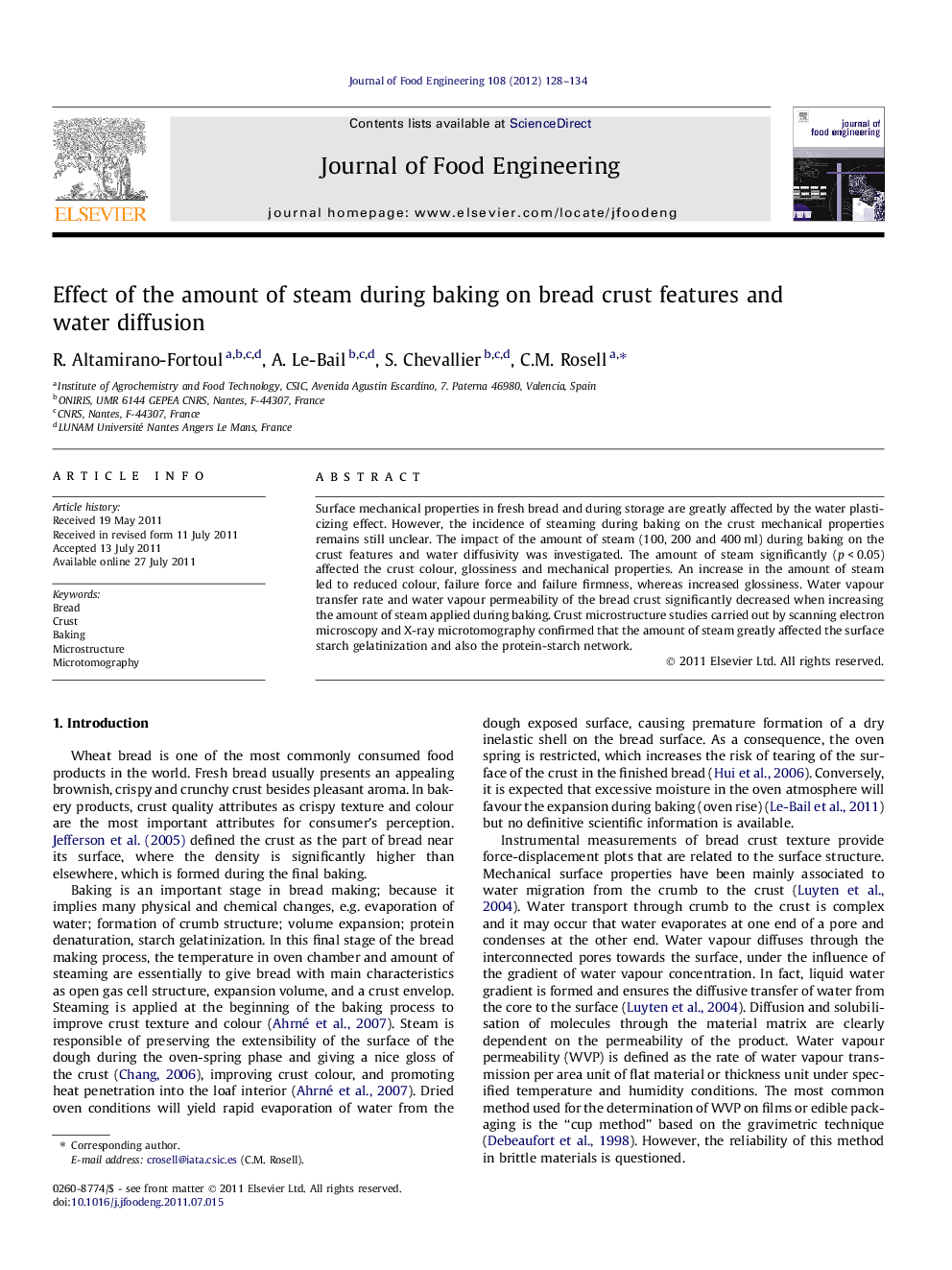 Effect of the amount of steam during baking on bread crust features and water diffusion