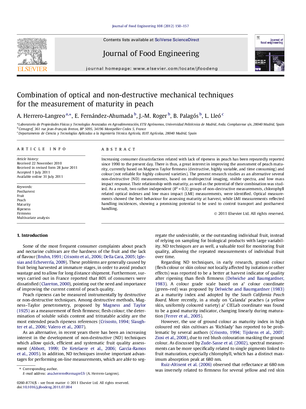 Combination of optical and non-destructive mechanical techniques for the measurement of maturity in peach